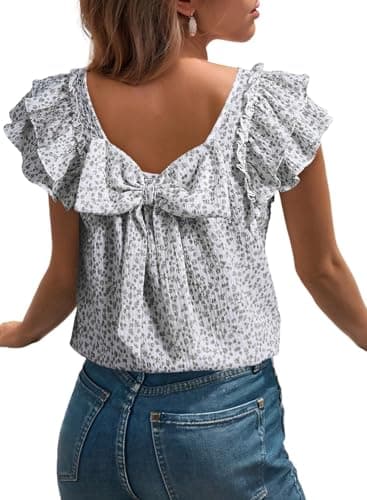 Dokotoo Women's Blouses Floral Print Spring Tops Black Floral Ruffled Short Sleeve Bow Back Square Neck Blouse Textured Dressy Casual Tops Large - Image 1