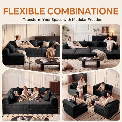 ceamorfco 112 Inch Boneless Couch Modular Sectional Sofa, Corduroy 4-Seat Cloud Couch with High Back Support Pillows, Convertible Floor Sofa Bed for Living Room and Small Spaces, Black - Thumbnail 6
