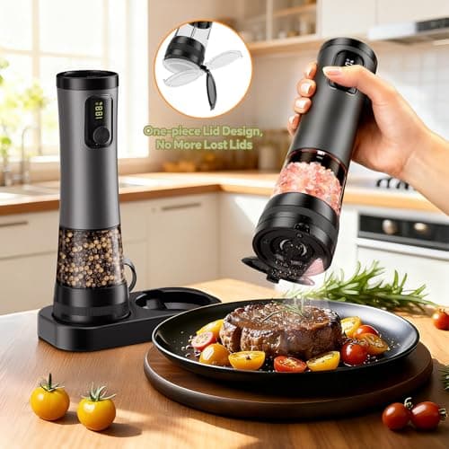 Electric Salt and Pepper Grinder Set - Rechargeable Salt Grinder with Led Power Display - Automatic Pepper Grinder with Storage Base - Pepper Mill with Light for Kitchen - Thumbnail 6