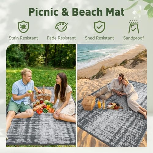 MontVoo Outdoor Rug Waterproof 5x8 ft Outdoor Carpet Patio Rug Mat Reversible RV Camping Rug Plastic Straw Outside Rug for Balcony Porch Deck Picnic Beach Modern Grey - Thumbnail 4