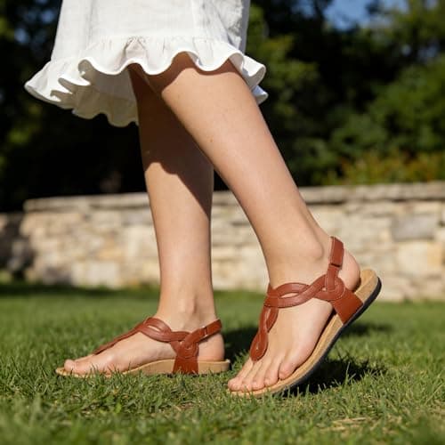 Athlefit Women's Brown Orthopedic Arch Support Thong Sandals Comfortable Walking Dressy Flat Sandals Size 11 - Thumbnail 3