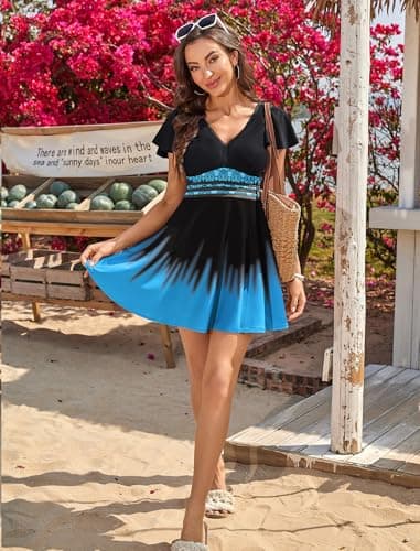 Arolina Modest Swimsuits for Women Full Coverage Tankini Bathing Suit Curvy Swim Dress Swimwear with Shorts Medium Black Lake Blue - Thumbnail 3