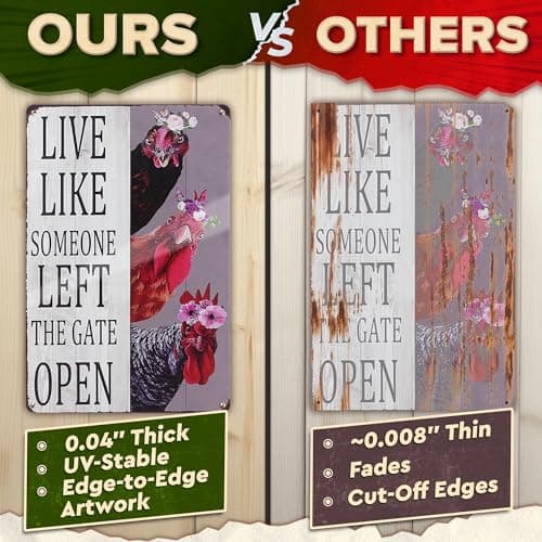 Metal Funny Chicken Coop Signs for Outside 8x12 inch - Live Like Someone Left The Gate Open Sign – Rustic Tin Farmhouse Wall Art and Vintage Chicken Decor for Kitchen, Porch, Barn, Backyard, or Garden - Thumbnail 6