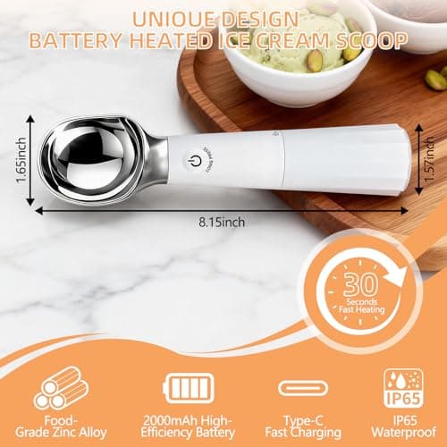 KEHFPMW Heated Ice Cream Scoop Rechargeable, 30s Rapid Heating Electric Scooper to 158°F with LED Display, IP65 Waterproof & Easy to Clean, Smart Touch Safety Lock for Hard Gelato & Cookie Dough,White - Thumbnail 5
