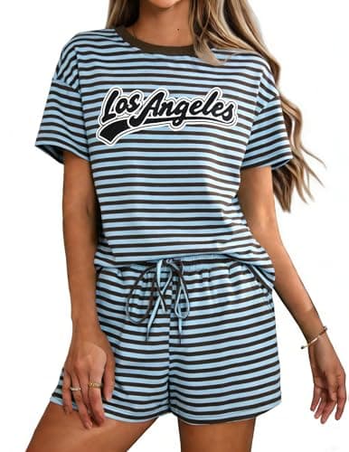 QLIPIN Striped 2 Piece Set for Women: Two Piece Lounge Sets Summer Outfits Stripes Shirt and Shorts Set - Image 1