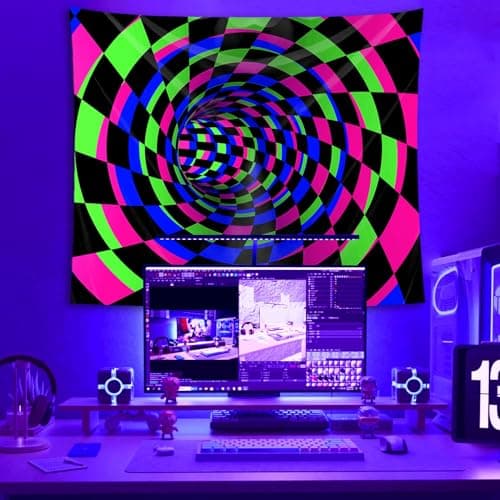 Atrippy Black Light 3D Posters Wall Tapestry for Bedroom, UV Reactive Checkered Tunnel Decor,Blacklight Upright Backdrop Wall Hanging for Gaming Dorm Living Room 51"x60" - Thumbnail 5