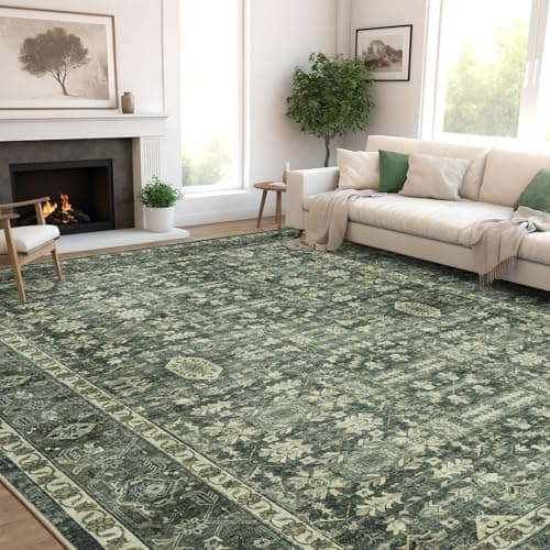 Dotiiorug 5x7 Washable Area Rugs Vintage Boho Floral Rug for Living Room Bedroom, Non Slip Low Pile Carpet 102 Green - Thumbnail 3