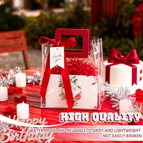 LERCTH Red Clear Thank You Gift Bags with Handles, Plastic Transparent Party Favor Bags with Ribbon Bow & Tags, Reusable Gift Bags for Wedding Bridal Shower Baby Shower Birthday Party Decor Supplies - Thumbnail 6