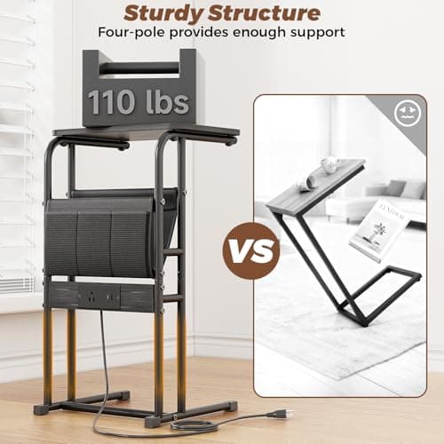 Olldide C Shaped End Table with Charging Station, Side Table for Living Room Bedroom, Slide Under Couch Sofa TV Trays Desk, Small Narrow Space Applicable, Black - Thumbnail 4