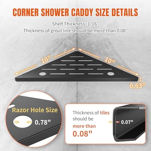HBXS Corner Shower Shelves with Razor Hole, Modern Sturdy Shower Shelves Corner, 10" 304 Stainless Steel Shower Organizers Corner Shelf for Tile Wall, No Drilling Grout Mount Bathroom Shelf - Thumbnail 2