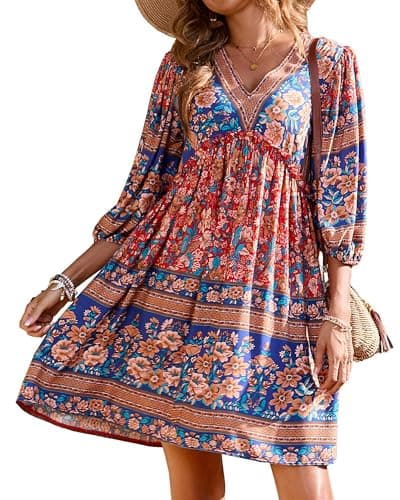 BTFBM Womens Summer Dresses 2026 Casual V Neck 3/4 Long Sleeve Ruffle Floral Flowy Boho Babydoll Mini Spring Beach Dress(Floral Red, X-Large) - Image 1