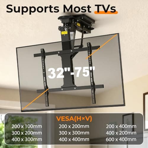360° Manual Swivel Electric Flip Down TV Mount for 32–75 Inch Flat/Curved Screens, Remote Control, 0–80° Electric Tilt, for Living Room, Bedroom, and Patio - Thumbnail 2