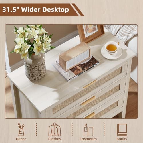 LEYAOYAO 31.5" Wide Rattan Night Stand, Large Boho Nightstand, Bedside Table with Storage, Tall Bed Side End Tables, Chest of Drawers for Bedroom, Living Room, Hallway（Grey,3 Drawers,2） - Thumbnail 3