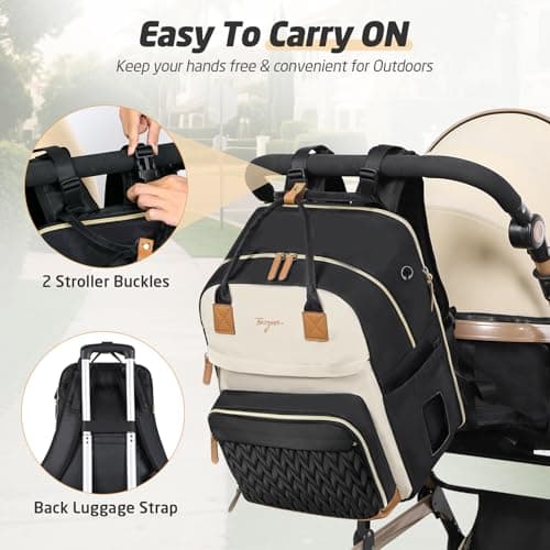 Tonyeee Diaper Bag Backpack - Extra Large Diaper Backpack for 2 Kids Twin, Travel Baby Bags for Mom Dad 25-37L Expandable with Changing Pad, Quilted Beige Black - Thumbnail 6