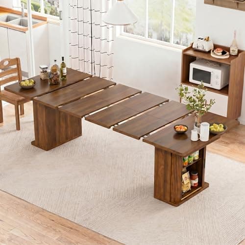 39-94 inch Extendable Dining Table for 4-10, Rectangle Expandable Long Kitchen Table with Sliding Fluted Doors and Double Tier Storage, Modern Square Dinner Table for Living Room, Farmhouse, Walnut - Image 1