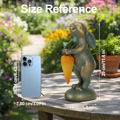 PETAFLOP Cute Garden Decor Bunny Statue with Solar Carrot, Outdoor Rabbit Figurines for Patio Balcony Lawn Porch Yard Decorations, Birthday Housewarming Gifts for Father Women Mom Grandma - Thumbnail 2