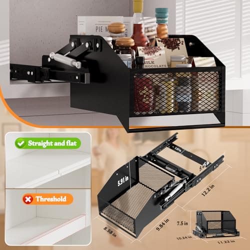 HOUSE AGAIN Pull-Down Cabinet Organizer for High/Deep Cabinets, Drop Down Spice Rack, 12.6" Out & 1.8" Down, Dual Install (Screw/3M Tape), Fits Frameless, for Spices, Snacks and Small Bottles (Black) - Thumbnail 4