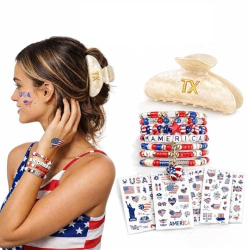 GIRLOLIIAR 4th of July Accessories for Women, Red White and Blue Outfit Bundle with Patriotic Hair Claw Clip, America Bracelets & USA Tattoos for 250th Anniversary Party Favors, Memorial Day Decor TX - Image 1