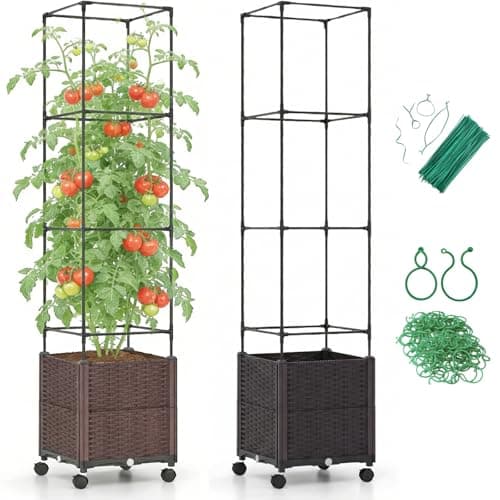 Jesosia Raised Garden Bed Planter Box with Tomato Cage - Self-Watering Tomato Planters with Trellis for Climbing Plants Outdoor - Vertical Gardening Tomatoes Pot with Trellis Wheels for Vegetable Vine - Image 1