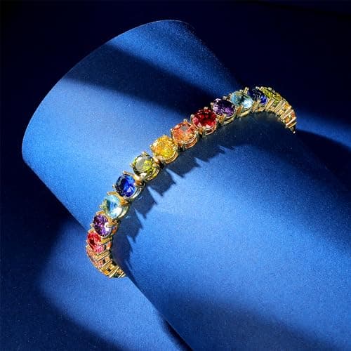 Gemsme 6.0mm Colored Cubic Zirconia Tennis Bracelet for Women, 6MM 18K Yellow Gold Plated Cubic Zirconia Rainbow Tennis Link Bracelet - Thumbnail 3