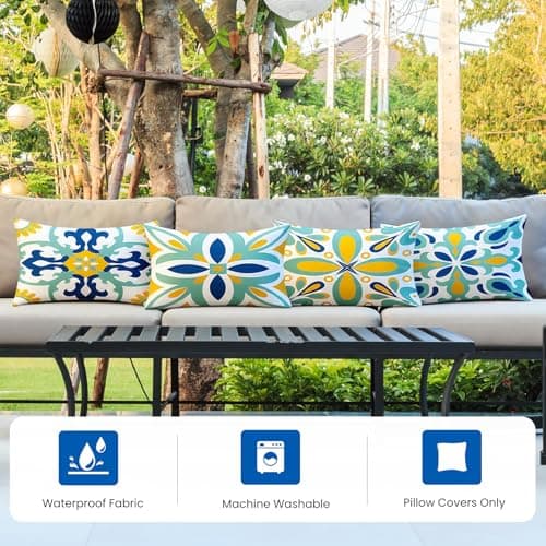 coclothy Outdoor Pillow Covers - 4 Pack Outdoor Pillow Covers 20x12 Waterproof PillowCovers for Patio Furniture Decorative Pillowcases Blue - 20" x 12" - Thumbnail 4