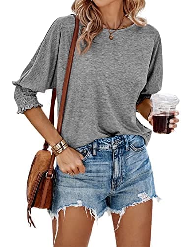 Fazortev Women's 3/4 Sleeve Casual Tops Solid Color Crew Neck Loose Fit Shirts Blouses Grey - Thumbnail 5