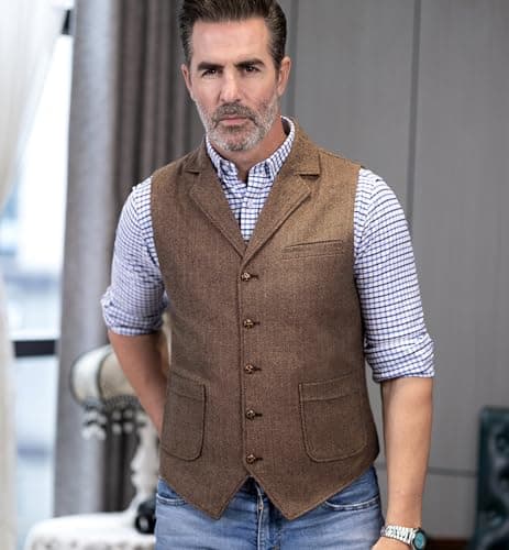 AeoTeokey Men's Tweed Suit Vest Western Herringbone Wool Casual Waistcoat for Groomsman (Silver,Small) - Thumbnail 4
