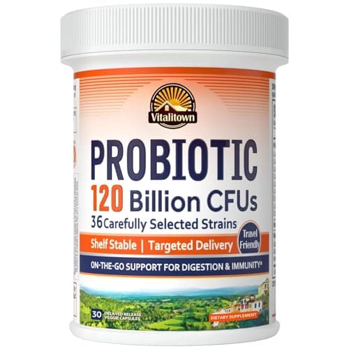 Vitalitown Probiotics 120 Billion CFUs | 36 Strains + Prebiotics + Digestive Enzymes for Men Women | Delayed Release | Shelf Stable | On The Go Digestive & Immune Support | Vegan Non-GMO | 30 Veg Caps - Image 1