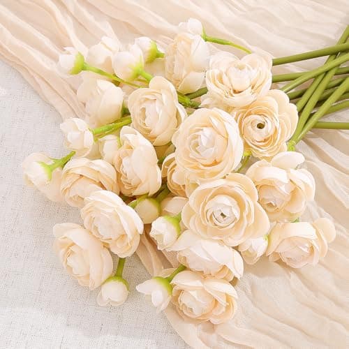 U'Artlines Ranunculus Artificial Flower, 40 Pcs Mini Ranunculus Bulk Flowers for DIY Bouquet Home Office Centerpieces Arrangements Bridal Shower Wedding Decorations Creamy - Thumbnail 5