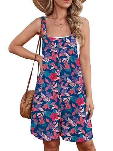 Heymoments Short Overalls Jumpsuits Rompers for Women Floral Print Small Casual Maternity Summer Comfy Ladies Loose Fit Dressy Wide Leg One Piece Sleeveless Grils Bib Baggy Pants - Image 1