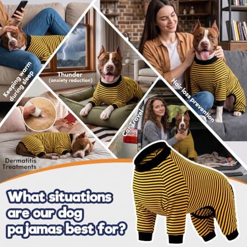 LovinPet Dog PJS Clothes for Giant Dogs, Pitbull Pure Cotton Yellow and Black Stripe Dog Shirt, 4-Legged Design, Full Body Coverage, Pajamas for Pitbulls, Onesies for Dogs, Large - Thumbnail 4