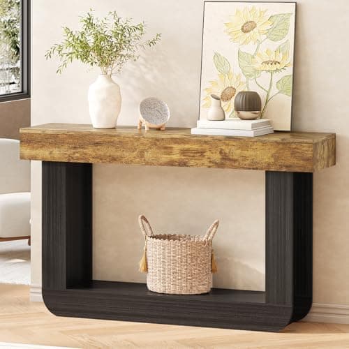 Tarnorci 55'' U-Shape Narrow Console Table, Farmhouse Wood Behind Couch Table with Bottom Storage Shelf, Vintage Entryway Table for Living Room Hallway Entrance - Thumbnail 5