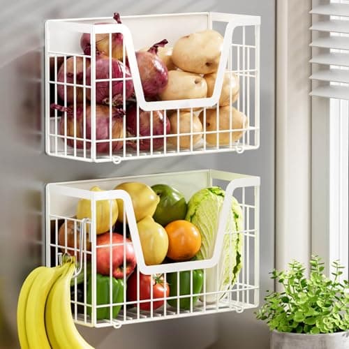 YIWANFW 2 Set Magnetic Fridge Shelf, White Magnetic Fruit Basket for Refrigerator Organizer Storage, Potato and Onion Storage Bins, Wire Baskets Magnet Rack for Laundry Washing Machine Kitchen Shelves - Image 1