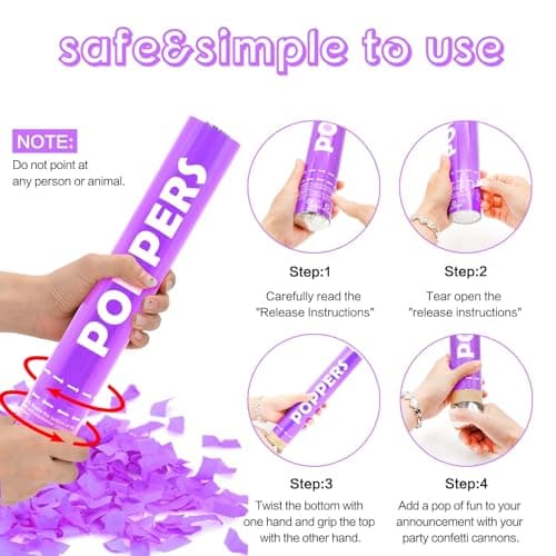 Confetti Cannon 12Pack Purple Party Popper Shooters 12 Inch Confftti Poppers for Wedding Birthday Graduation Christmas New Year Eve Party Supply Launches 20-25ft - Thumbnail 3