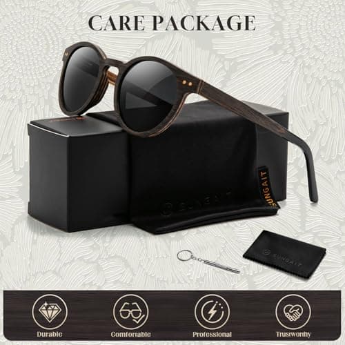 SUNGAIT Round Wood Polarized Sunglasses Women Men Vintage Retro Oak Walnut Rosewood Wooden Shades UV Protection (Oak Zebra Wood/Grey Lens) - Thumbnail 6