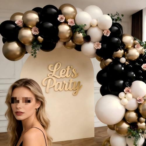 Black Gold Sand White Balloon Garland Arch Kit 143Pcs Sand White Black Chrome Gold Latex Balloons for Wedding Bridal Shower Gender Reveal Birthday Party Decorations - Thumbnail 5