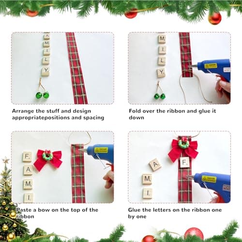 Christmas Ornaments Tree Decorations Personalized Crafts for Adults Kit DIY Ribbon Letter Tiles Bells Rustic Stockings Name Tags Hanging Xmas Decor for Gifts Wreath Holiday(Tartan) - Thumbnail 4