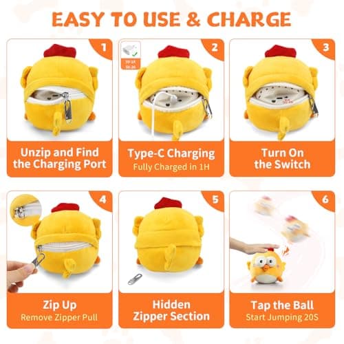 VOXGET Interactive Dog Toy Ball, Upgrade Automatic 1.5H Jump Plush Toy with Removable Zipper for Small Large Dogs, Rechargeable Squeaky Move Bounce Ball for Pets Keep Busy, No Loud Music (Chicken) - Thumbnail 5