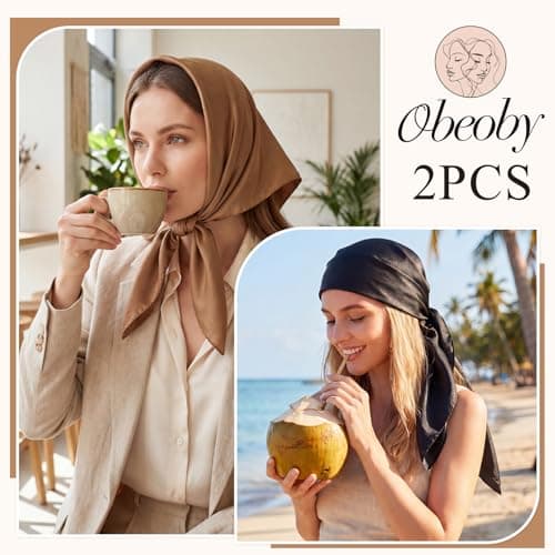 obeoby 2 Pcs Head Scarf for Women Like Silk Scarf, 35” Large Square Hair Scarf - Satin Scarf for Sleeping Hair Wrapping Beach Wear Travel Bandana for Women Gifts (Coffee Brown, Black) - Thumbnail 3