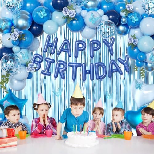 Navy Blue Birthday Decorations for Men Boys, Navy Blue Macaron Light Metallic Blue Confetti Balloons Happy Birthday Banner Butterfly Fringe Curtains for 21st 25th 30th Birthday Decorations - Thumbnail 6