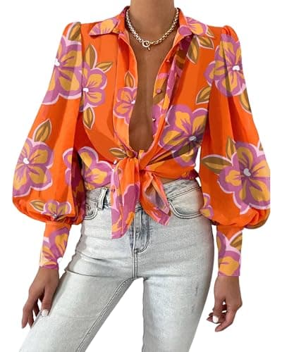 BTFBM Summer Blouses for Women Dressy Casual 2026 Long Sleeve Button Down Shirt V Neck Boho Spring Tops Fashion Clothing(Floral Orange Purple, XX-Large) - Image 1