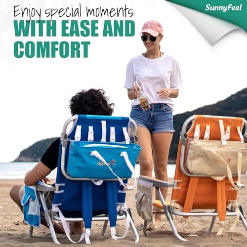 SUNNYFEEL Low Beach Chair, 5-Position Lay Flat Reclining, Backpack Portable Folding Chair with Cooler Bag & Cup Holder, Heavy Duty 350 LBS, Compact for Beach, Camping, Travel - Thumbnail 5