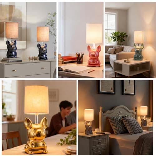 EOEYYOYB Set of 2 Ceramic Table Lamp, Puppy Shape Desk Lamp Cute Bedside Lamp for Nightstand, Living Room, Bedroom, Gifts for Kids Girls, 4W LED Bulb Included, Pearl - Thumbnail 2