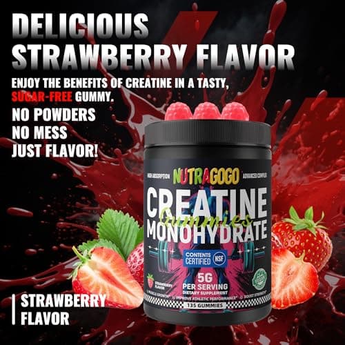 NUTRAGOGO NSF Certified Creatine Gummy - Creatine Monohydrate Gummies for Men & Women-5g of Creatine Monohydrate per Serving - Sugar Free,Vegan, Strawberry Electrolyte Chews, 135 Count - Thumbnail 6