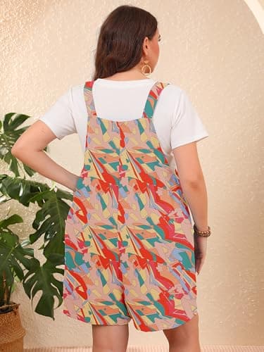 AusLook Plus Size Rompers for Women Lifeful Color Block 2X Overall Shorts Adjustable Button Strap Loose Wide Leg Short Jumpsuit Summer Casual Outfit with Pockets - Thumbnail 2