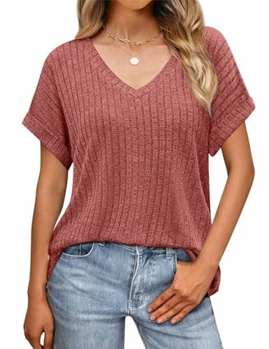 JUSTFASHIONNOW Short Sleeve Sweater Summer Tops for Women 2026 V Neck Flowy Short Sleeve Shirts Trendy Side Split Basic Tees Spring Dressy Casual Easter Outfits Wine Red L - Thumbnail 2