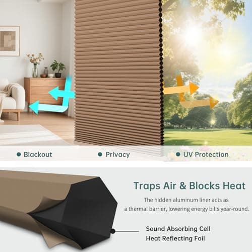 Changshade Top Down Bottom Up Blackout Cellular Shades, Cordless Honeycomb Blinds for Windows, Light Blocking & Total Privacy for Day Sleepers,Light Brown,34" W*72" H - Thumbnail 6
