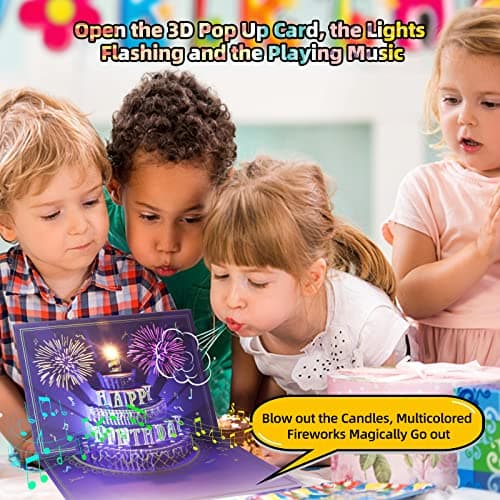 XTF2015 Happy Birthday Cards Fireworks, Lights, Music and Sound Fireworks Cake 3D Pop Up Birthday Cards Gift with Envelope and Note Tag for Women, Men, Kids, Wife, Mom, Husband - Thumbnail 4