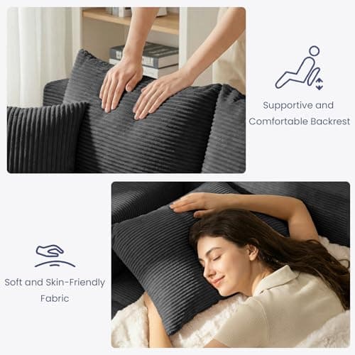 3-in-1 Convertible Sofa Bed: Boneless Loveseat Sleeper & Folding Couch Bed with 4 Pillows & Detachable Cushion for Bedroom, Small Space, Guest and Living Room, Corduroy Futon, No Assembly,Black - Thumbnail 6