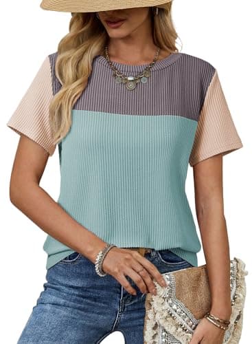 Dokotoo Summer Tops for Women Trendy 2026 Oversized Shirts for Women Color Block Cute Tee Top Spring Summer Casual Top and Blouses Vacation Outfits Loose Fit Short Sleeve Womens Tops Myosotis XXL - Image 1